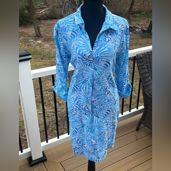 LILLY PULITZER PILAR TUNIC LINEN SHIRT DRESS IN BLUE PATTERNED SIZE X-LARGE - Picture 1 of 13